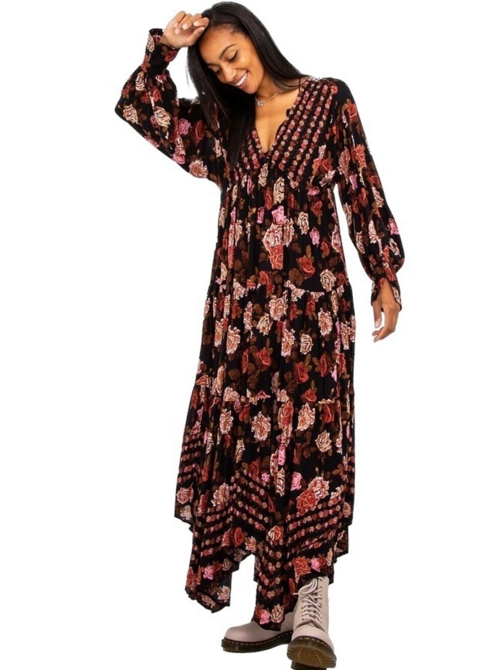 Free People Rows of Roses Floral Print V-Neck Long Sleeve Maxi Dress -Size Small